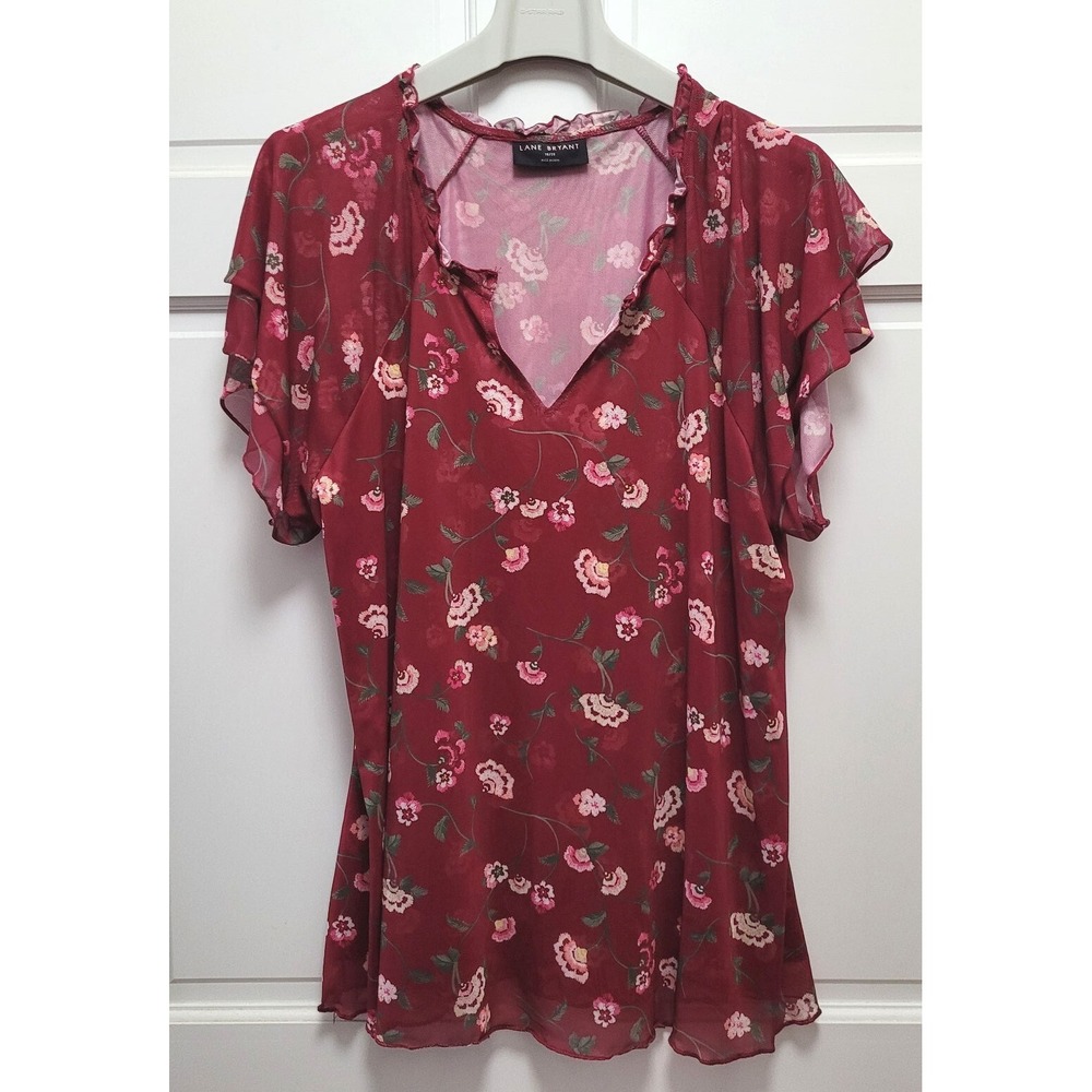 Lane Bryant Flutter Sleeve Maroon Floral V-Neck Polyester Blouse - Size 18/20